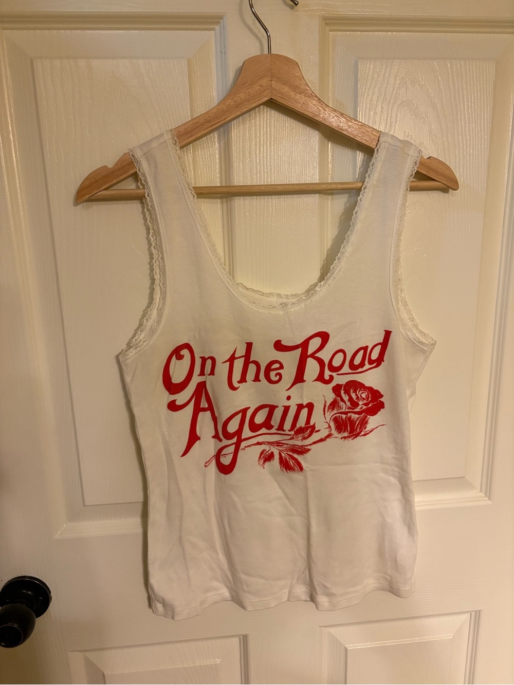 On the Road Again Lace Trim White Tank Top with Red Graphic
